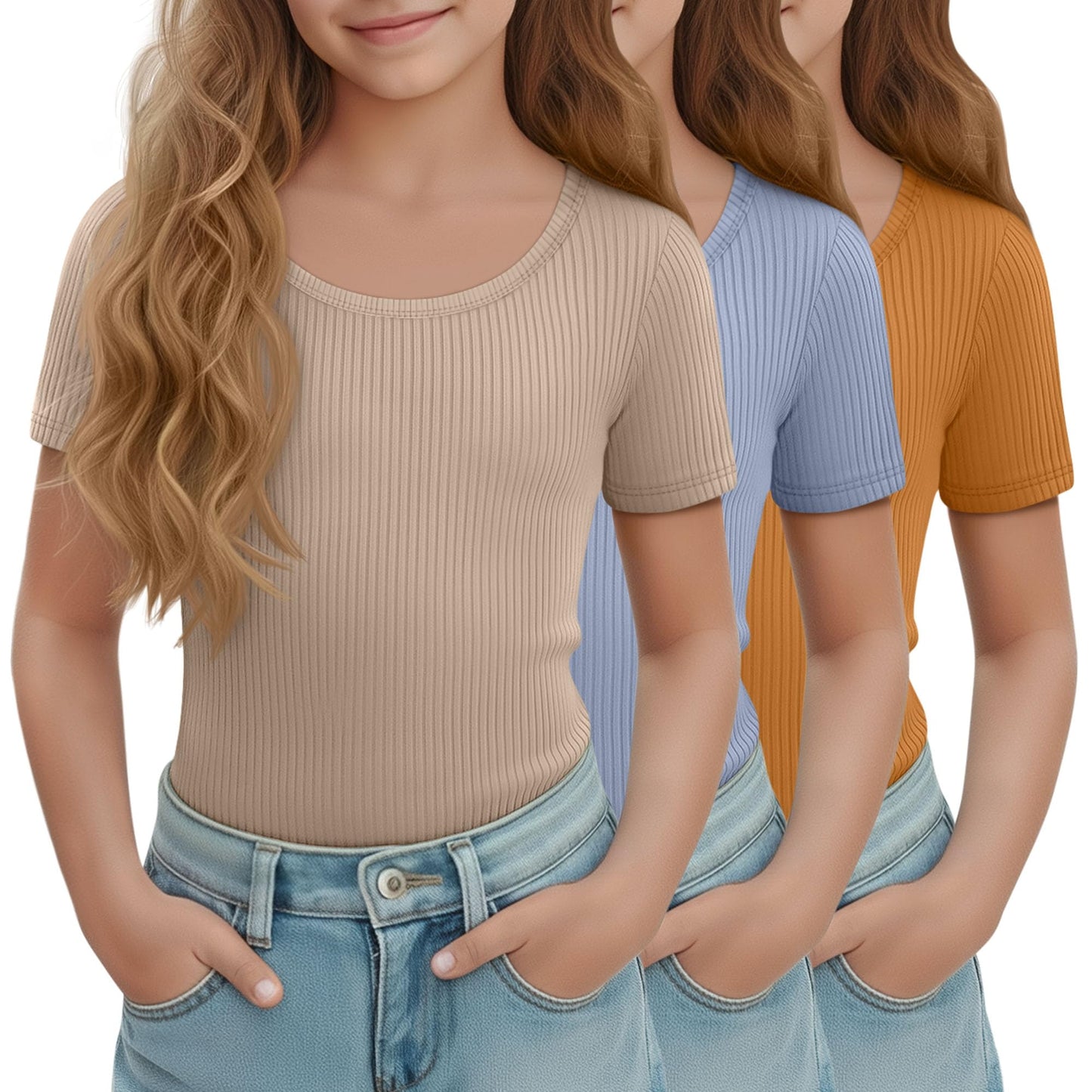 LessonZoo 3 Pack Girls Short Sleeve Shirts Ribbed Knit Scoop Neck T-Shirts Kids Solid Tops Slim Fit Casual Tees 5-14 Years