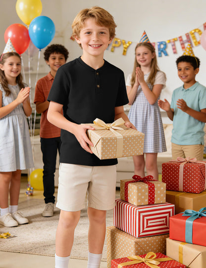 Boys Cotton Henley Short Sleeve Shirt with Button Placket