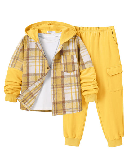 2Pcs Boys Clothes Sweatsuit Set Hoodie Flannel Plaid Shirt and Jogger Pants for Kids Fall Winter Spring Outfits