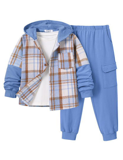 2Pcs Boys Clothes Sweatsuit Set Hoodie Flannel Plaid Shirt and Jogger Pants for Kids Fall Winter Spring Outfits
