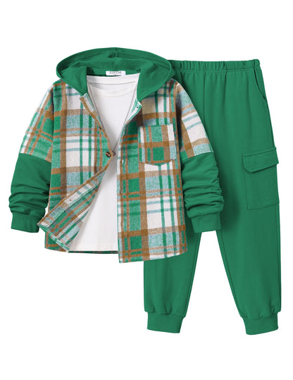 2Pcs Boys Clothes Sweatsuit Set Hoodie Flannel Plaid Shirt and Jogger Pants for Kids Fall Winter Spring Outfits