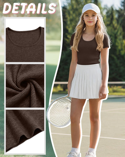 LessonZoo 3 Pack Girls Short Sleeve Shirts Ribbed Knit Scoop Neck T-Shirts Kids Solid Tops Slim Fit Casual Tees 5-14 Years