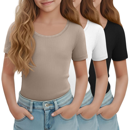 LessonZoo 3 Pack Girls Short Sleeve Shirts Ribbed Knit Scoop Neck T-Shirts Kids Solid Tops Slim Fit Casual Tees 5-14 Years