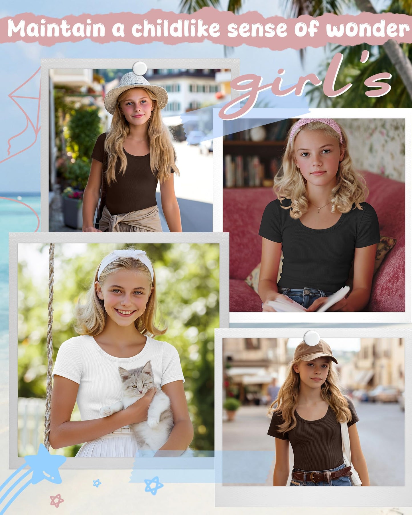 LessonZoo 3 Pack Girls Short Sleeve Shirts Ribbed Knit Scoop Neck T-Shirts Kids Solid Tops Slim Fit Casual Tees 5-14 Years