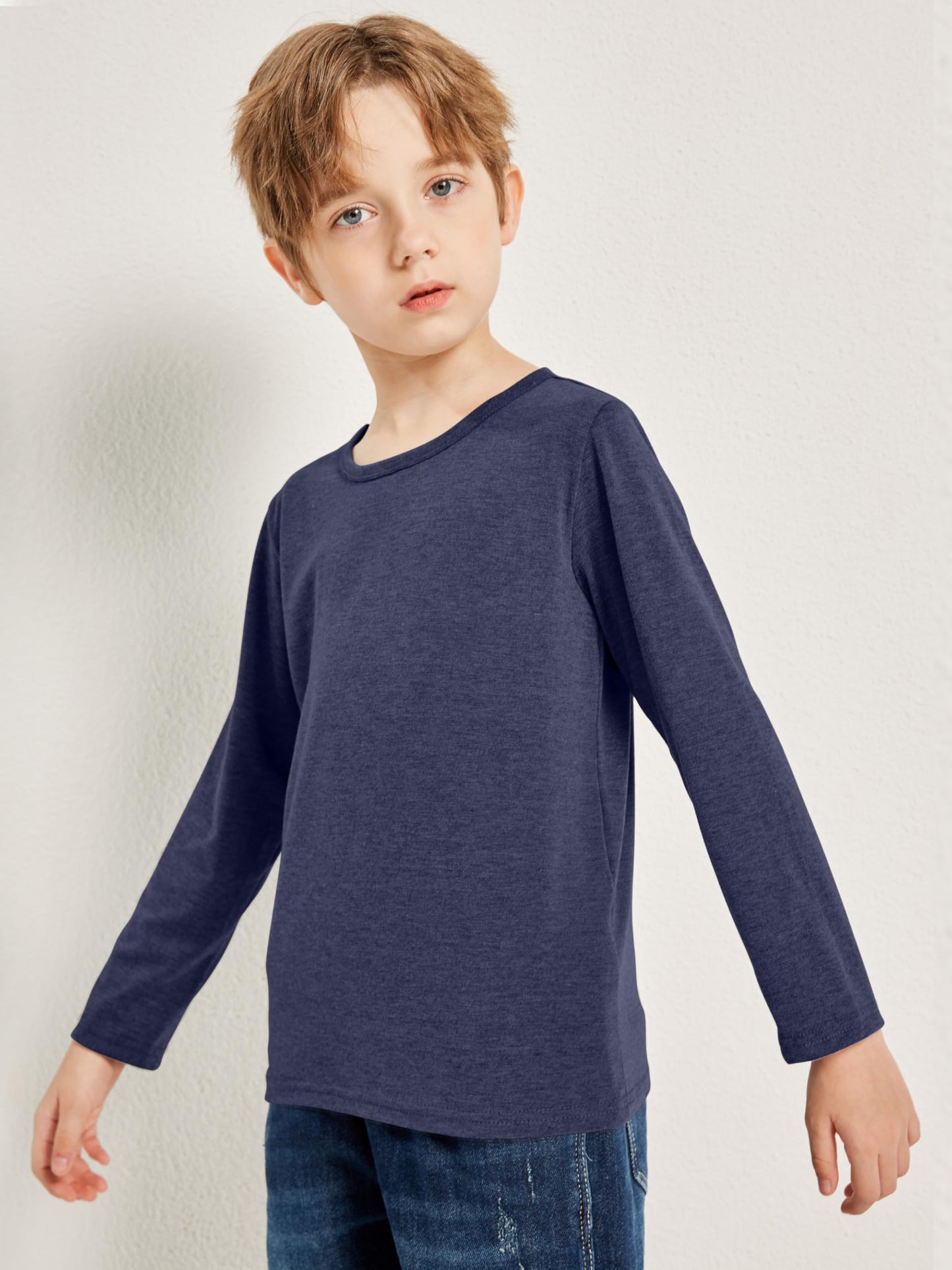 Boys Solid Color Long Sleeve Crewneck T Shirt 5 Pack Set