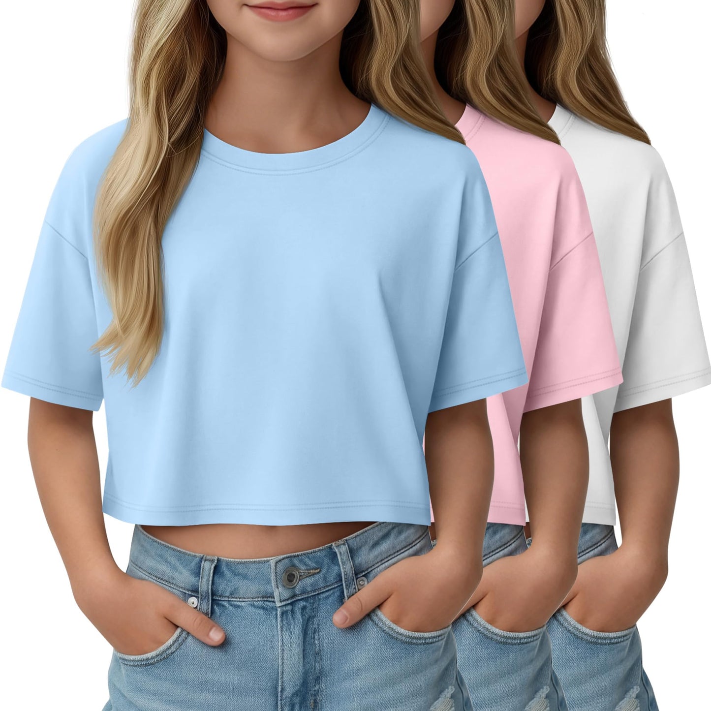 LessonZoo 3 Pack Girls Short Sleeve Crop Tops Kids Oversized Crew Neck Cropped Athletic T Shirts Basic Tees Size 5-14 Years