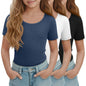 LessonZoo 3 Pack Girls Short Sleeve Shirts Ribbed Knit Scoop Neck T-Shirts Kids Solid Tops Slim Fit Casual Tees 5-14 Years