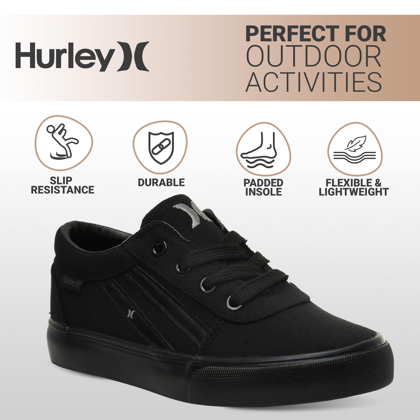 Hurley Boardy Kids Lace Up Canvas Sneakers – Low Cut Skateboarding Shoes for Kids, Sports Shoes for Boys and Girls