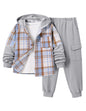 2Pcs Boys Clothes Sweatsuit Set Hoodie Flannel Plaid Shirt and Jogger Pants for Kids Fall Winter Spring Outfits
