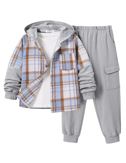 2Pcs Boys Clothes Sweatsuit Set Hoodie Flannel Plaid Shirt and Jogger Pants for Kids Fall Winter Spring Outfits