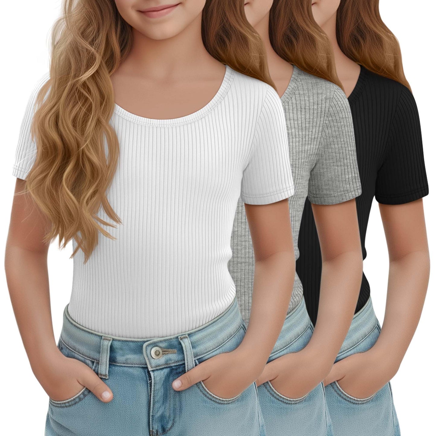 LessonZoo 3 Pack Girls Short Sleeve Shirts Ribbed Knit Scoop Neck T-Shirts Kids Solid Tops Slim Fit Casual Tees 5-14 Years