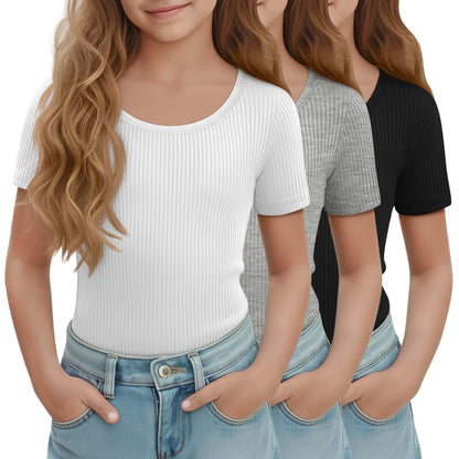 LessonZoo 3 Pack Girls Short Sleeve Shirts Ribbed Knit Scoop Neck T-Shirts Kids Solid Tops Slim Fit Casual Tees 5-14 Years