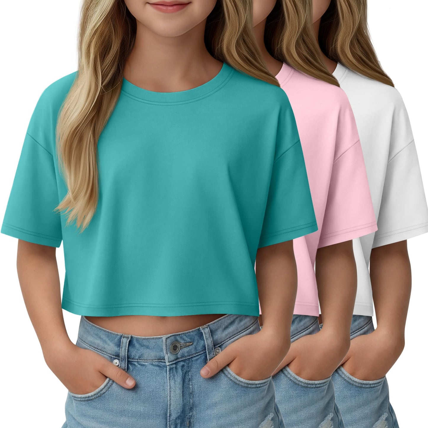 LessonZoo 3 Pack Girls Short Sleeve Crop Tops Kids Oversized Crew Neck Cropped Athletic T Shirts Basic Tees Size 5-14 Years