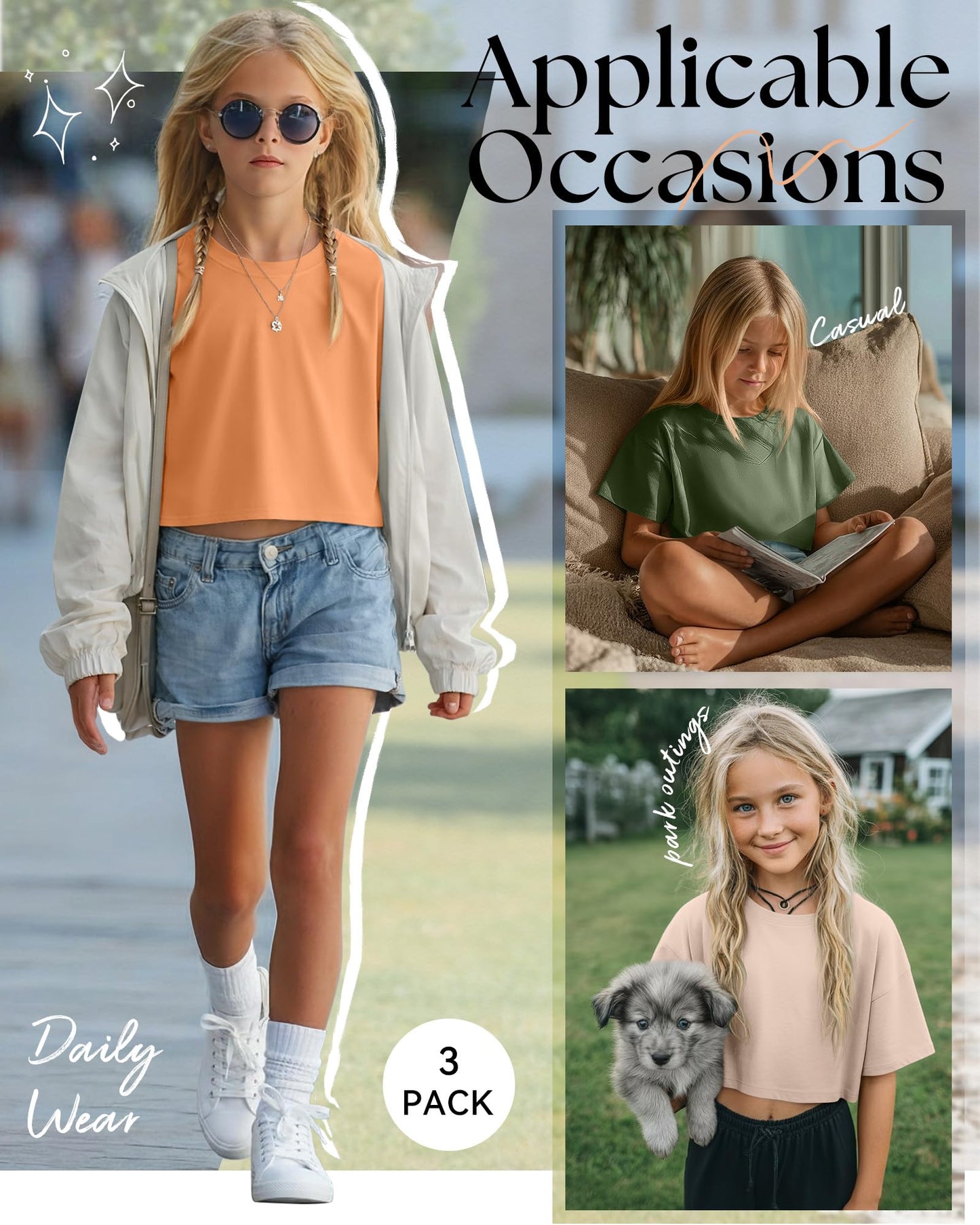 LessonZoo 3 Pack Girls Short Sleeve Crop Tops Kids Oversized Crew Neck Cropped Athletic T Shirts Basic Tees Size 5-14 Years