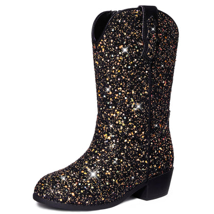 Motasha Glitter Girls Cowgirl Boots Sparkly Cowboy Dress Boots For Toddler To Big Kid Mid Calf Pointed Toe Party Birthday Horse Riding