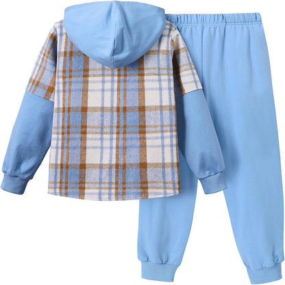 2Pcs Boys Clothes Sweatsuit Set Hoodie Flannel Plaid Shirt and Jogger Pants for Kids Fall Winter Spring Outfits