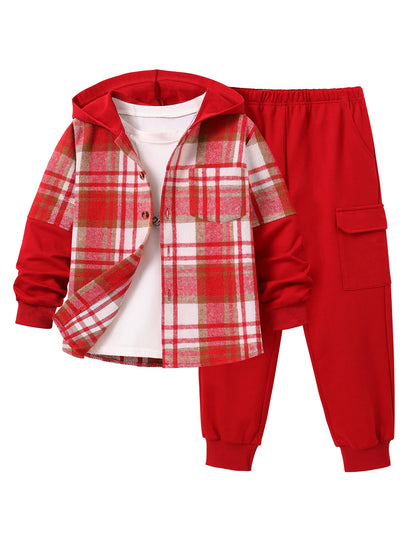 2Pcs Boys Clothes Sweatsuit Set Hoodie Flannel Plaid Shirt and Jogger Pants for Kids Fall Winter Spring Outfits