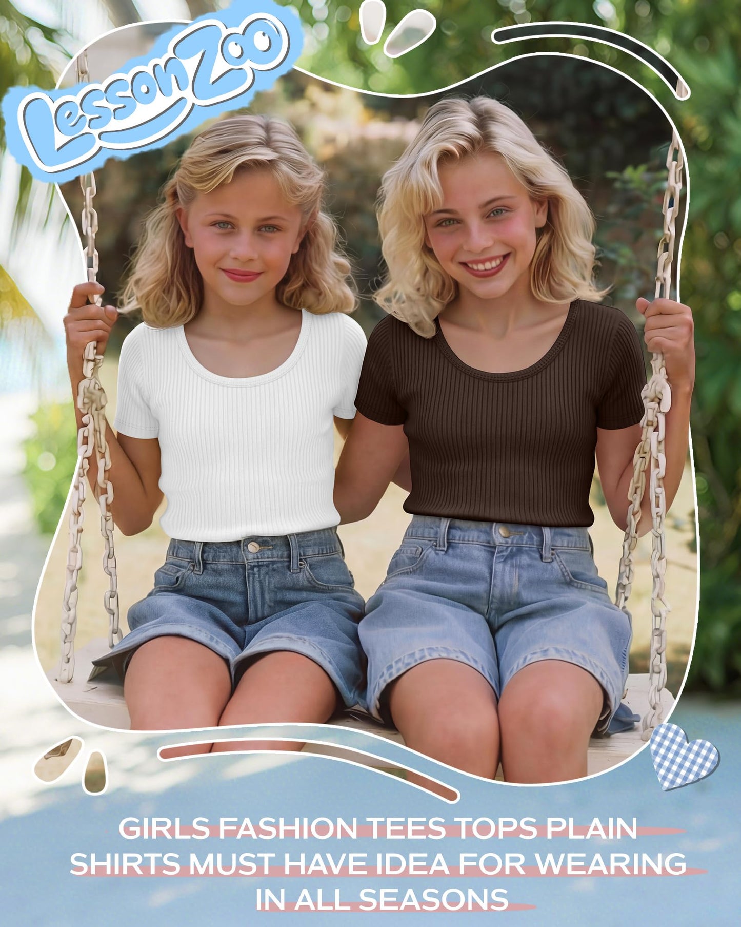 LessonZoo 3 Pack Girls Short Sleeve Shirts Ribbed Knit Scoop Neck T-Shirts Kids Solid Tops Slim Fit Casual Tees 5-14 Years