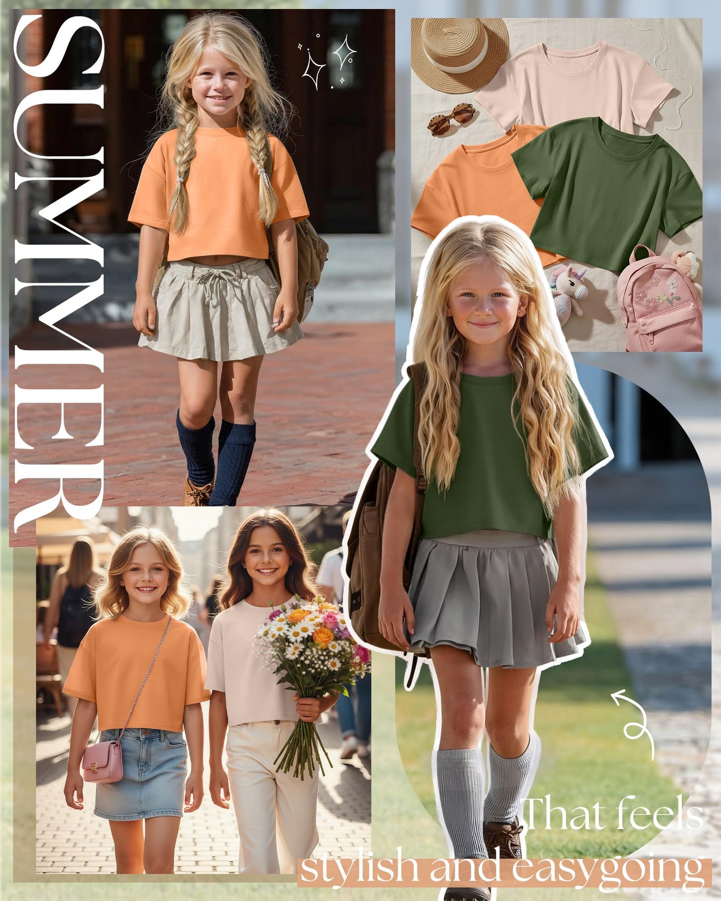 LessonZoo 3 Pack Girls Short Sleeve Crop Tops Kids Oversized Crew Neck Cropped Athletic T Shirts Basic Tees Size 5-14 Years