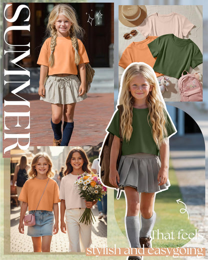 LessonZoo 3 Pack Girls Short Sleeve Crop Tops Kids Oversized Crew Neck Cropped Athletic T Shirts Basic Tees Size 5-14 Years