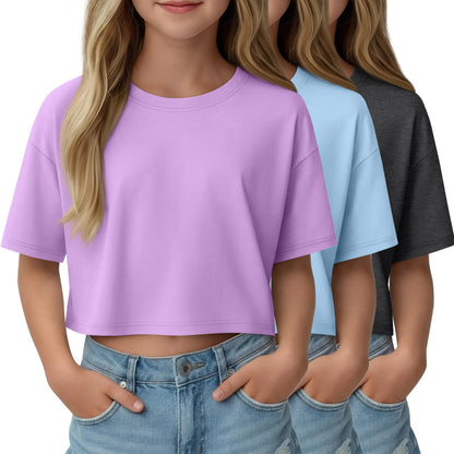 LessonZoo 3 Pack Girls Short Sleeve Crop Tops Kids Oversized Crew Neck Cropped Athletic T Shirts Basic Tees Size 5-14 Years
