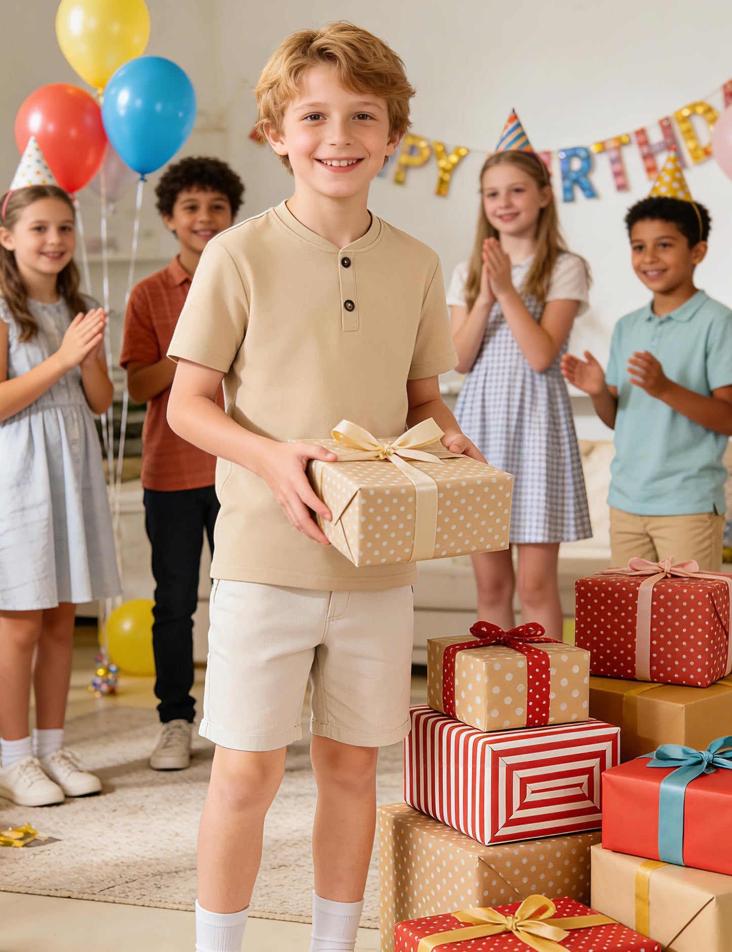 Boys Cotton Henley Short Sleeve Shirt with Button Placket