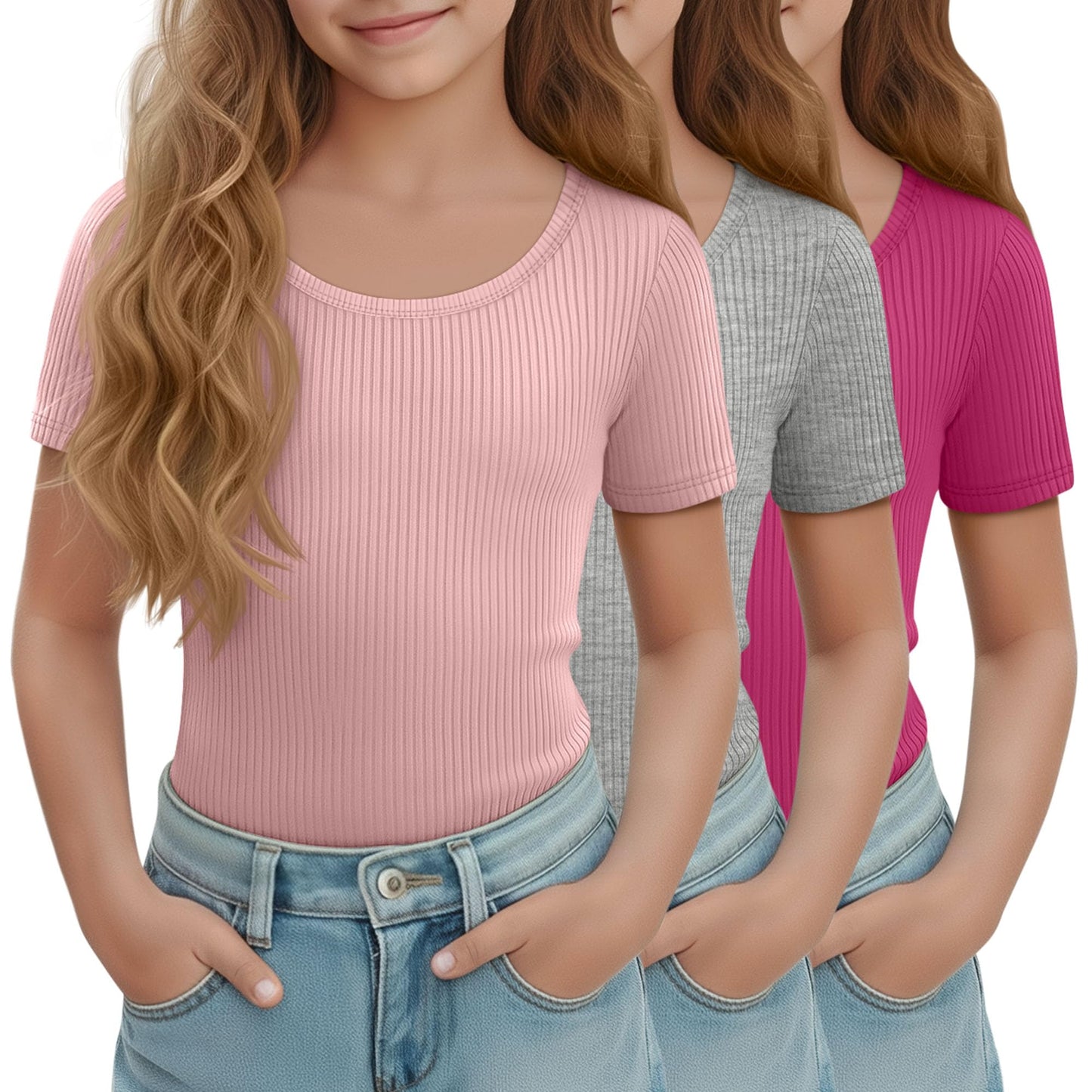 LessonZoo 3 Pack Girls Short Sleeve Shirts Ribbed Knit Scoop Neck T-Shirts Kids Solid Tops Slim Fit Casual Tees 5-14 Years