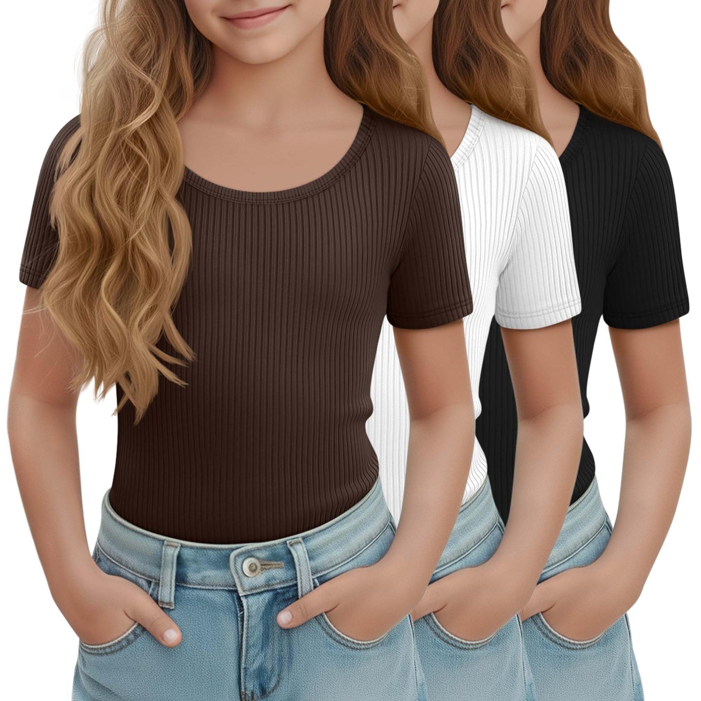 LessonZoo 3 Pack Girls Short Sleeve Shirts Ribbed Knit Scoop Neck T-Shirts Kids Solid Tops Slim Fit Casual Tees 5-14 Years