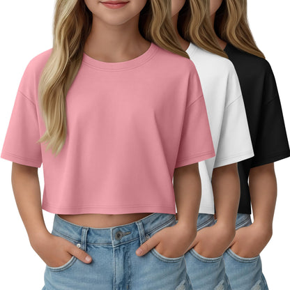 LessonZoo 3 Pack Girls Short Sleeve Crop Tops Kids Oversized Crew Neck Cropped Athletic T Shirts Basic Tees Size 5-14 Years