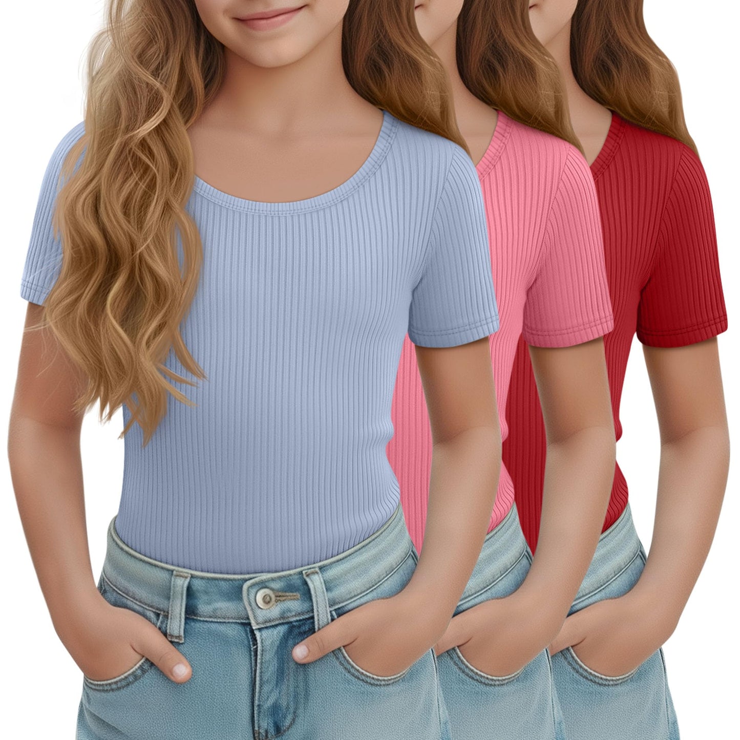 LessonZoo 3 Pack Girls Short Sleeve Shirts Ribbed Knit Scoop Neck T-Shirts Kids Solid Tops Slim Fit Casual Tees 5-14 Years