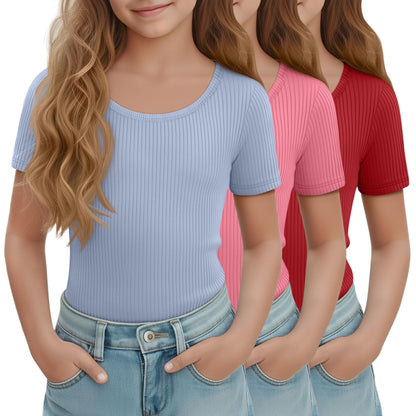 LessonZoo 3 Pack Girls Short Sleeve Shirts Ribbed Knit Scoop Neck T-Shirts Kids Solid Tops Slim Fit Casual Tees 5-14 Years