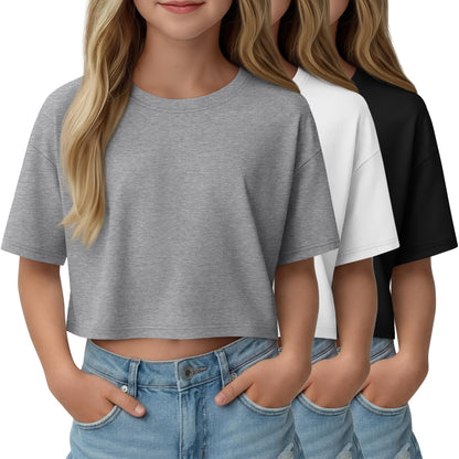 LessonZoo 3 Pack Girls Short Sleeve Crop Tops Kids Oversized Crew Neck Cropped Athletic T Shirts Basic Tees Size 5-14 Years