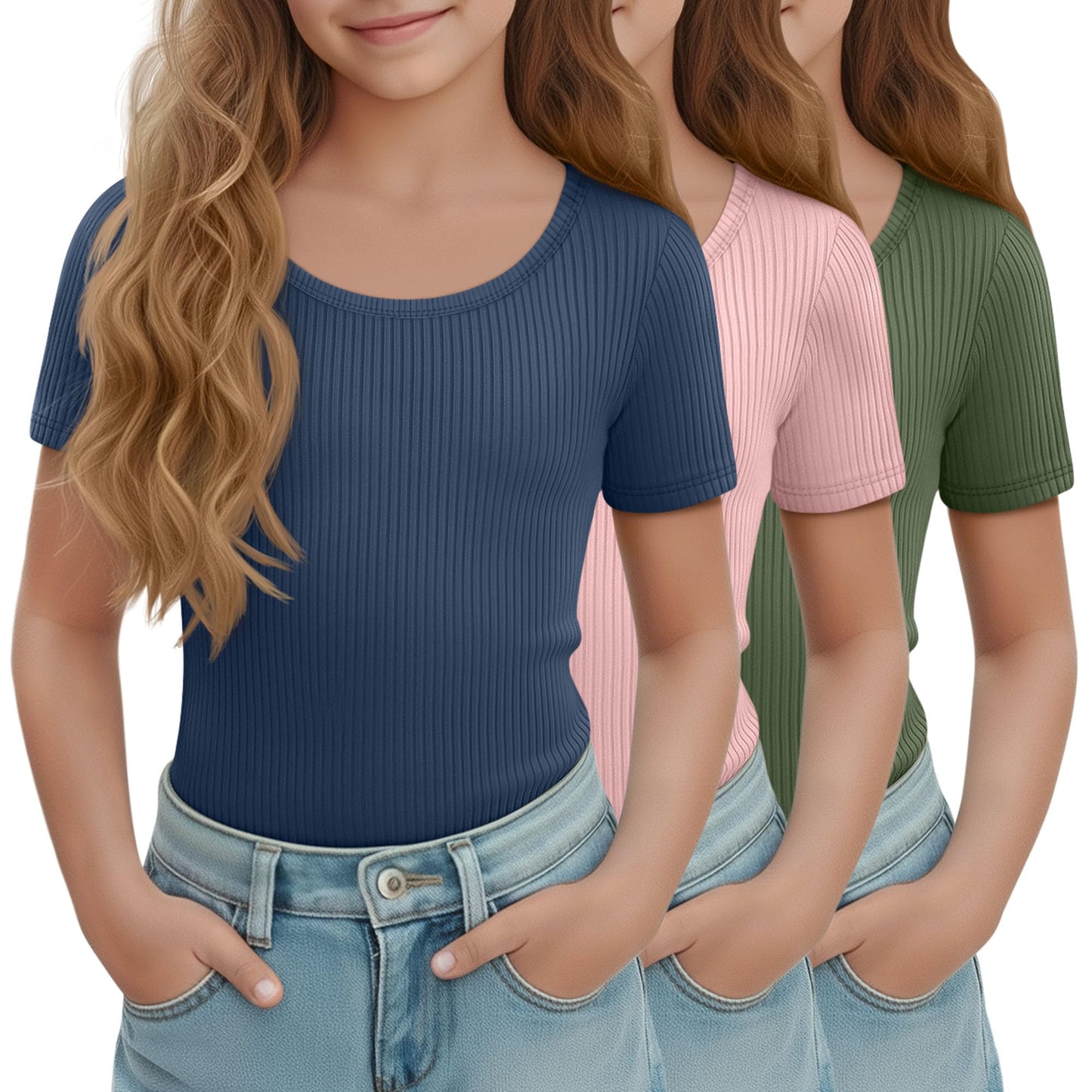 LessonZoo 3 Pack Girls Short Sleeve Shirts Ribbed Knit Scoop Neck T-Shirts Kids Solid Tops Slim Fit Casual Tees 5-14 Years