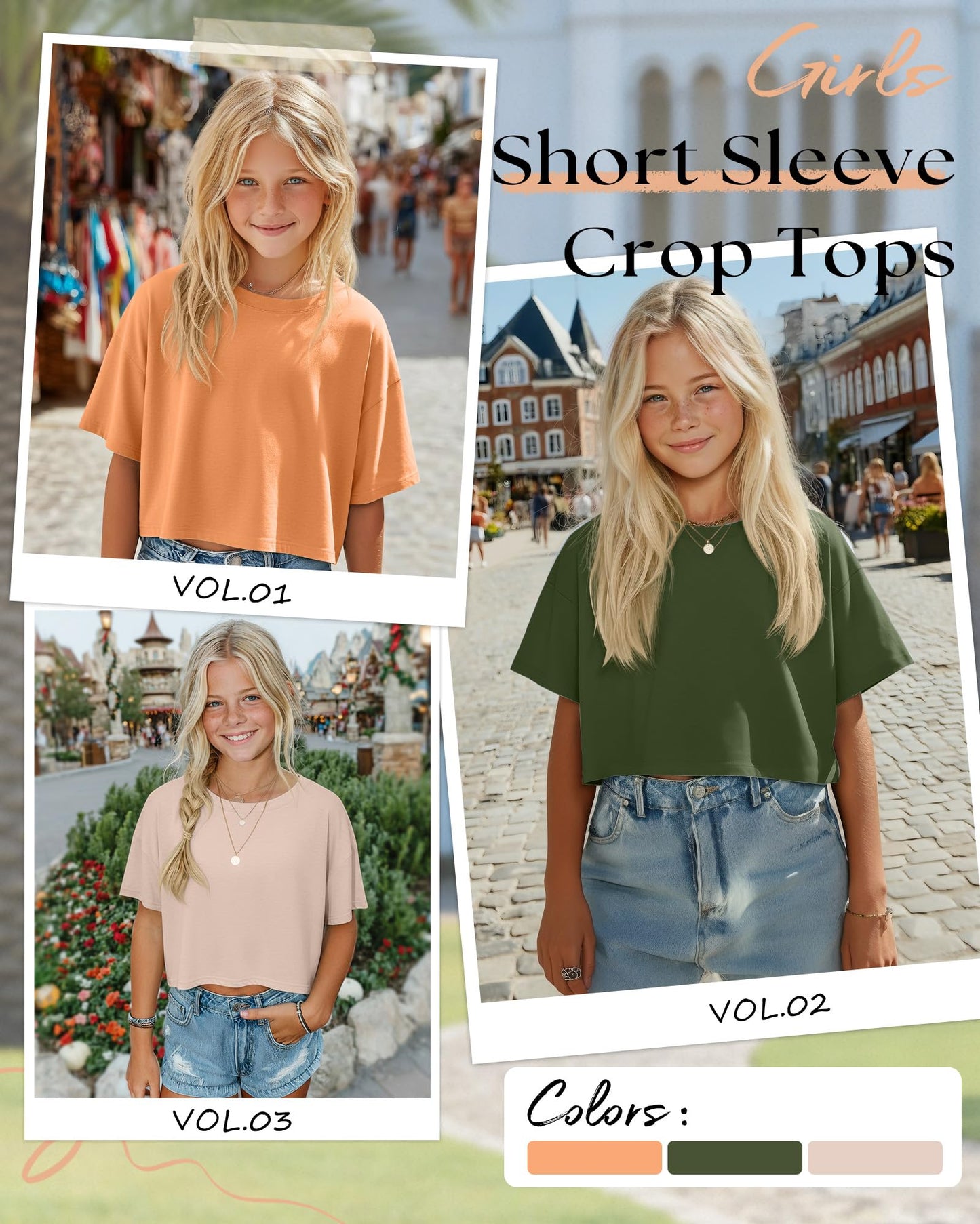 LessonZoo 3 Pack Girls Short Sleeve Crop Tops Kids Oversized Crew Neck Cropped Athletic T Shirts Basic Tees Size 5-14 Years