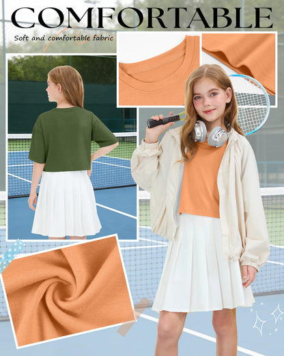 LessonZoo 3 Pack Girls Short Sleeve Crop Tops Kids Oversized Crew Neck Cropped Athletic T Shirts Basic Tees Size 5-14 Years