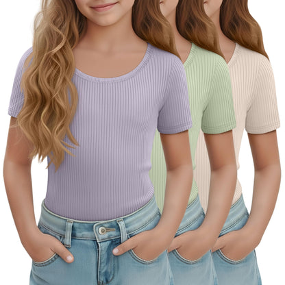 LessonZoo 3 Pack Girls Short Sleeve Shirts Ribbed Knit Scoop Neck T-Shirts Kids Solid Tops Slim Fit Casual Tees 5-14 Years