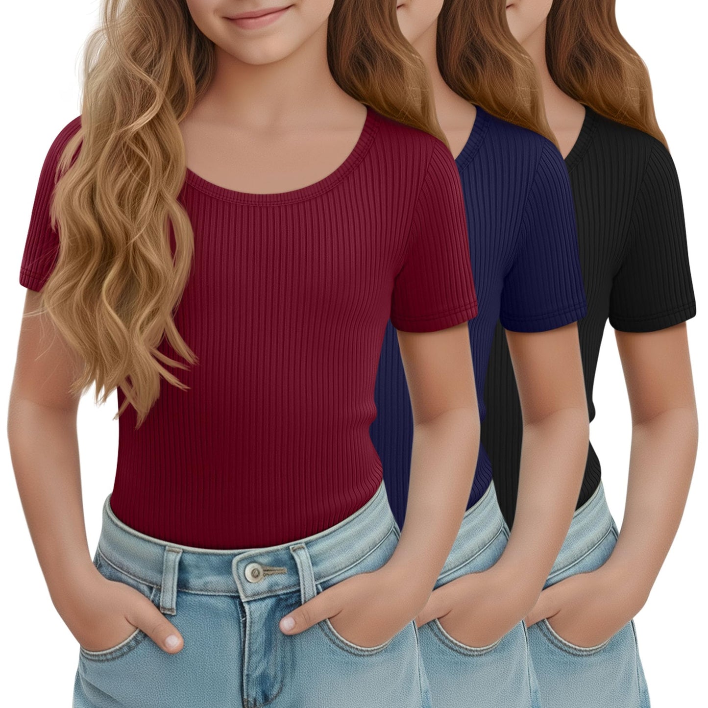 LessonZoo 3 Pack Girls Short Sleeve Shirts Ribbed Knit Scoop Neck T-Shirts Kids Solid Tops Slim Fit Casual Tees 5-14 Years