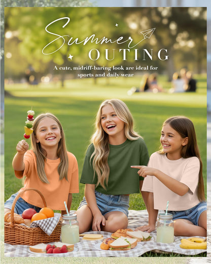 LessonZoo 3 Pack Girls Short Sleeve Crop Tops Kids Oversized Crew Neck Cropped Athletic T Shirts Basic Tees Size 5-14 Years