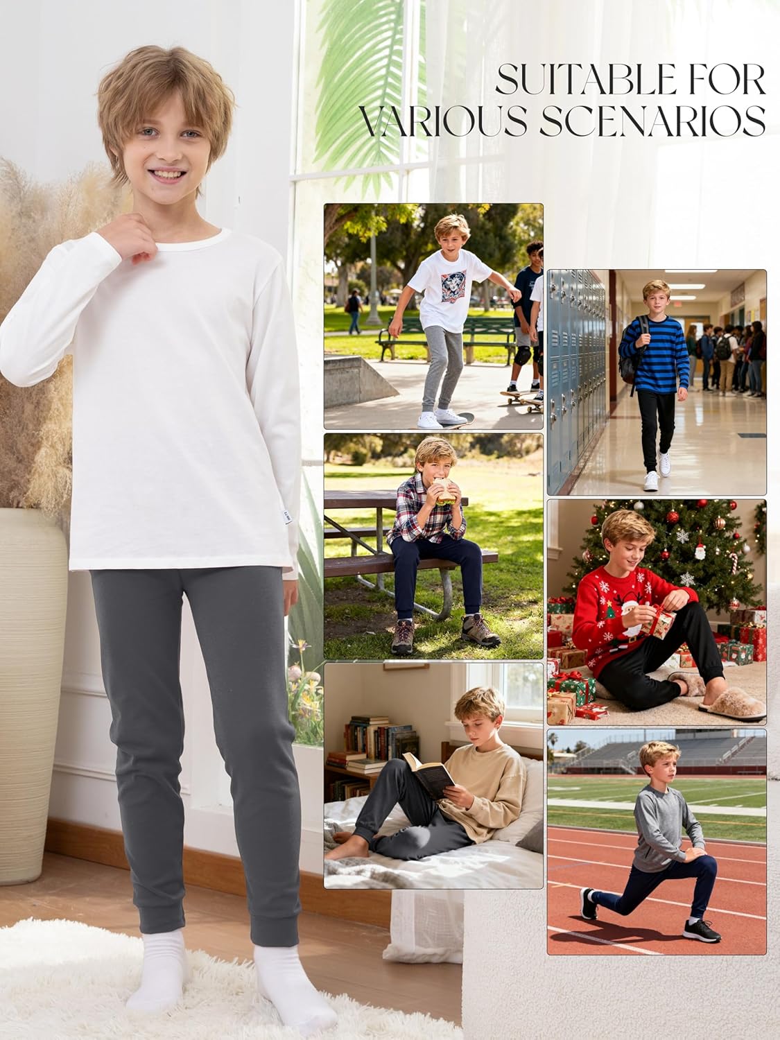 4 Pack Boys Cotton Pants - Boys Long Underwear Thermal Pants Bottom Joggers for Sports Everyday Activities