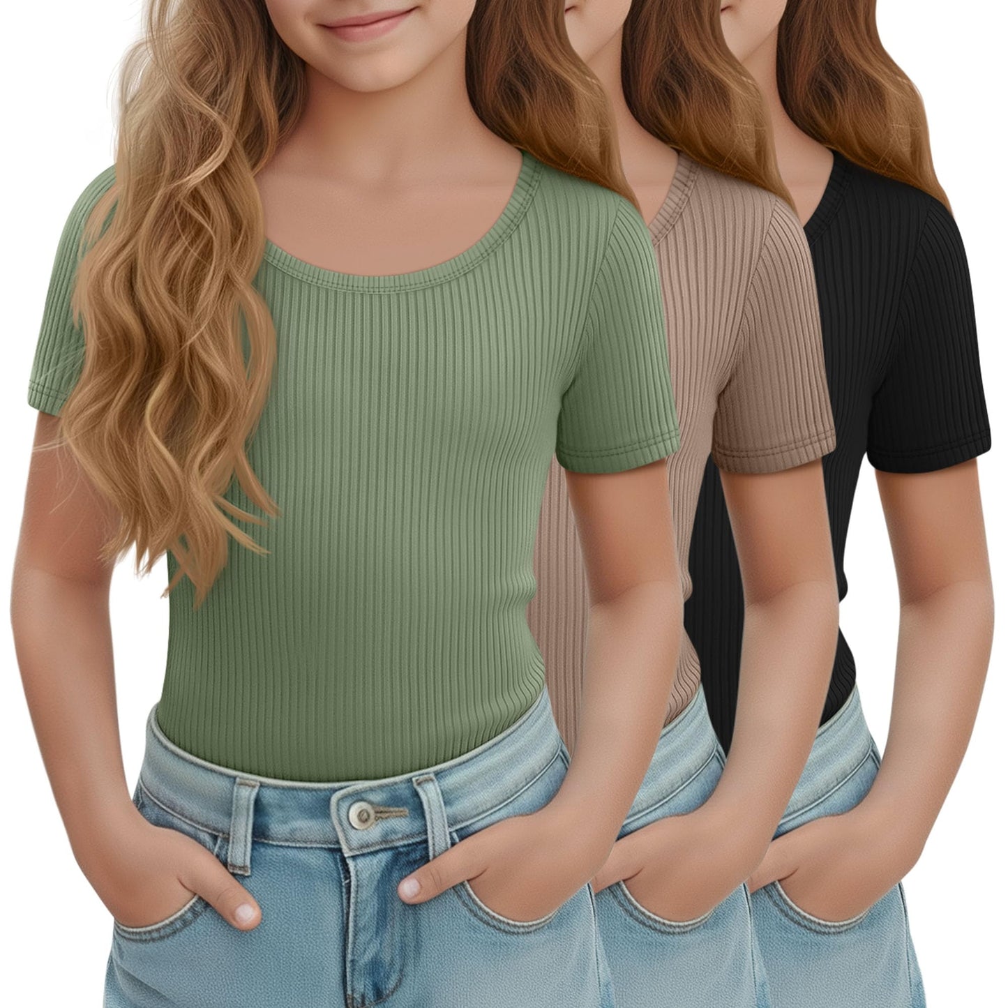 LessonZoo 3 Pack Girls Short Sleeve Shirts Ribbed Knit Scoop Neck T-Shirts Kids Solid Tops Slim Fit Casual Tees 5-14 Years