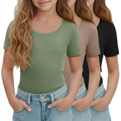 LessonZoo 3 Pack Girls Short Sleeve Shirts Ribbed Knit Scoop Neck T-Shirts Kids Solid Tops Slim Fit Casual Tees 5-14 Years