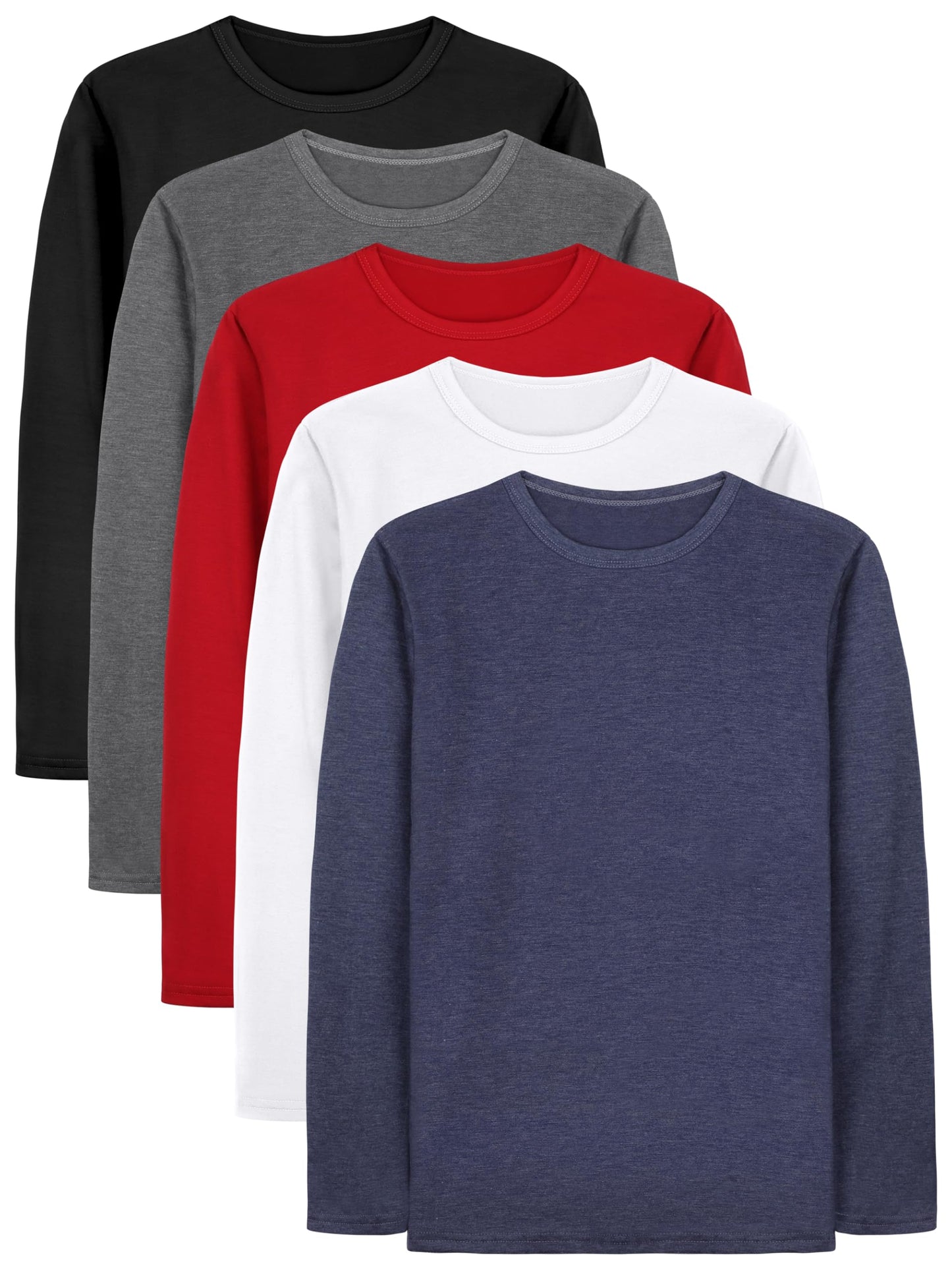 Boys Solid Color Long Sleeve Crewneck T Shirt 5 Pack Set