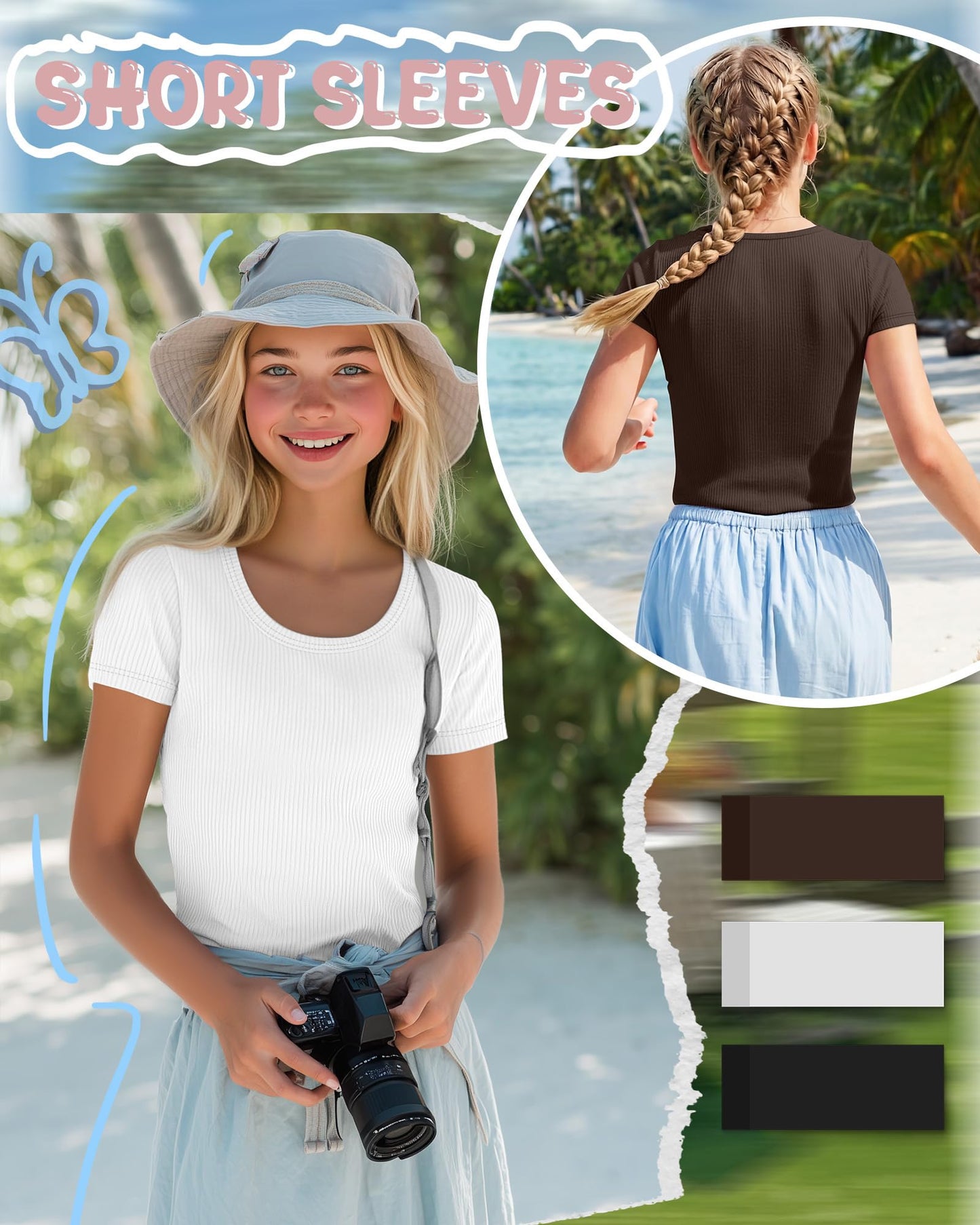 LessonZoo 3 Pack Girls Short Sleeve Shirts Ribbed Knit Scoop Neck T-Shirts Kids Solid Tops Slim Fit Casual Tees 5-14 Years