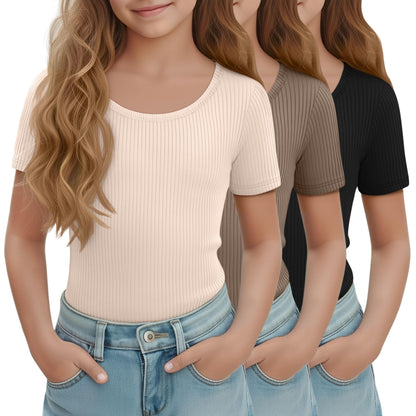 LessonZoo 3 Pack Girls Short Sleeve Shirts Ribbed Knit Scoop Neck T-Shirts Kids Solid Tops Slim Fit Casual Tees 5-14 Years