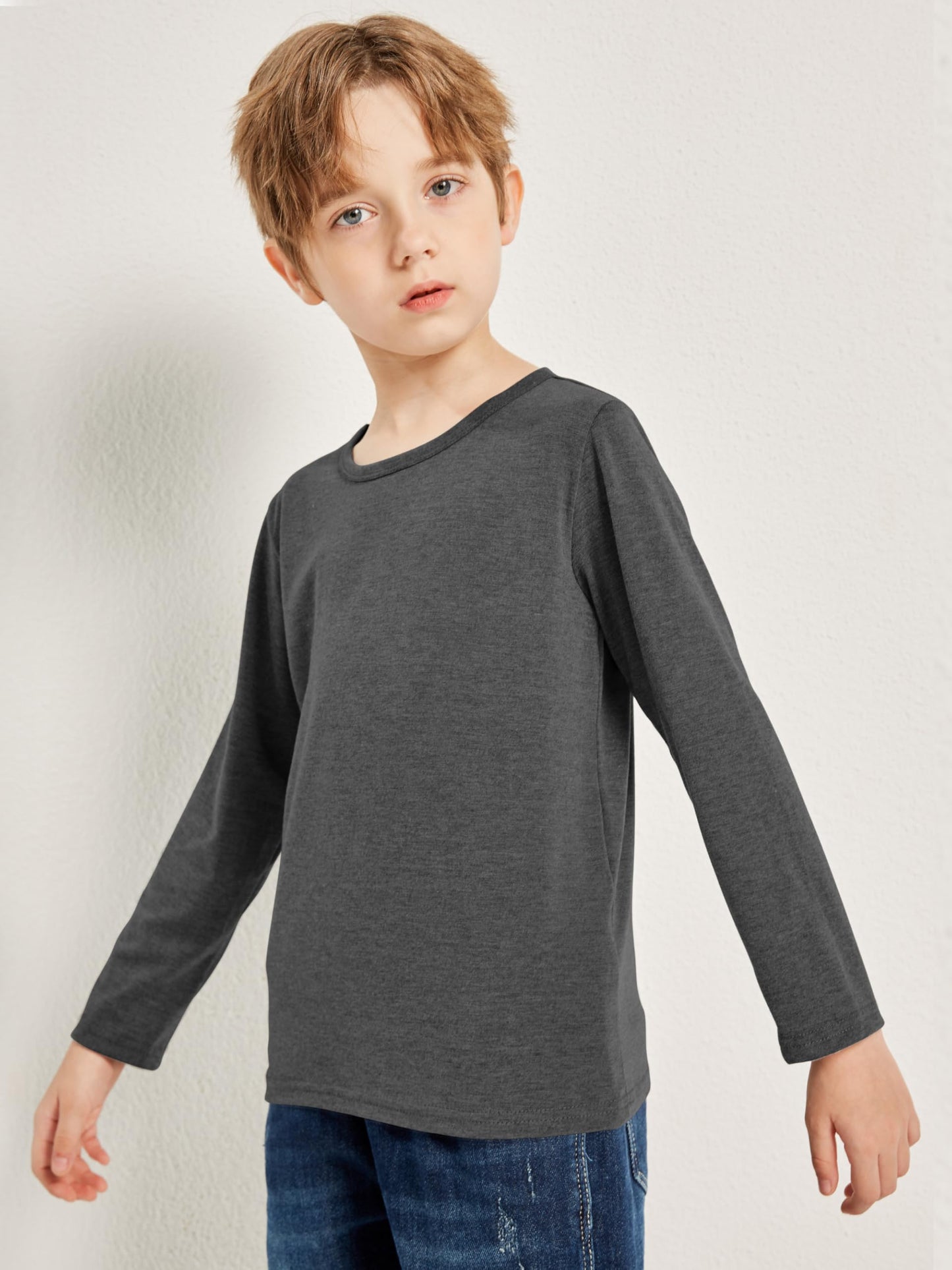 Boys Solid Color Long Sleeve Crewneck T Shirt 5 Pack Set