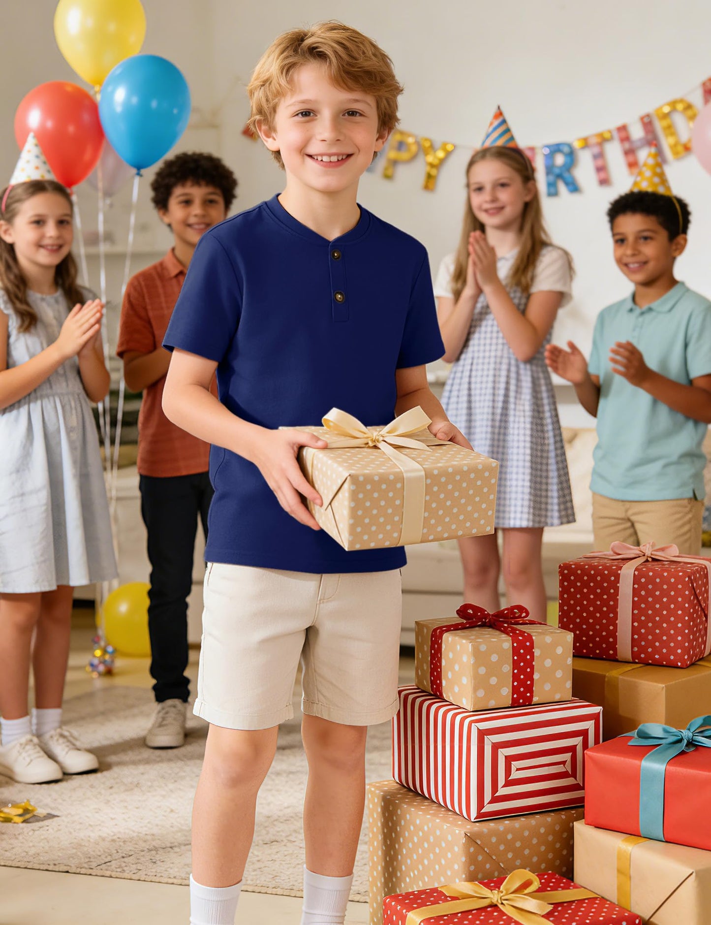 Boys Cotton Henley Short Sleeve Shirt with Button Placket