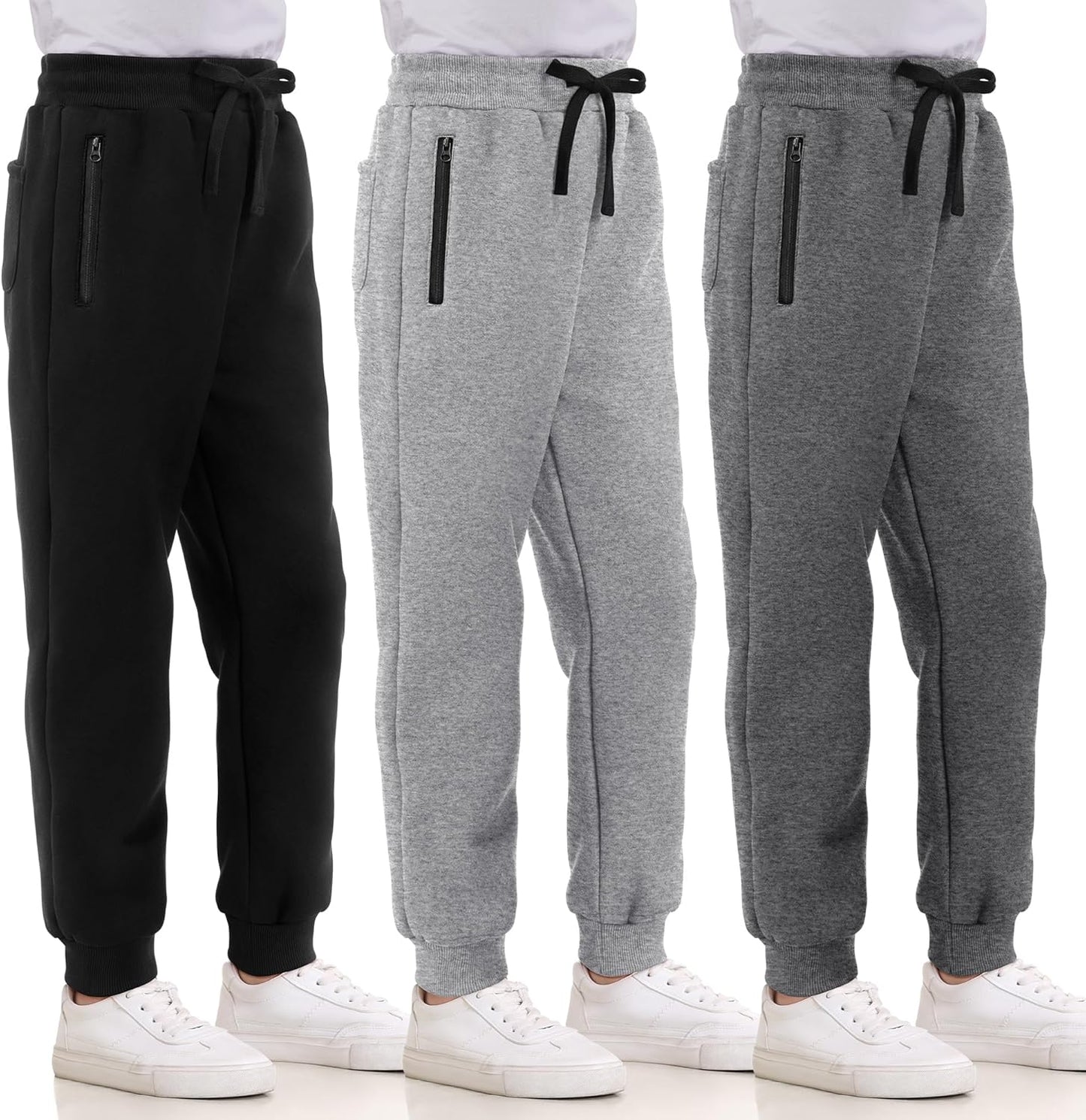 3 Pack Boys Sweatpants Fleece Cotton Athletic Pants Boys Joggers with Zipper Pockets Kids Youth Workout Sweat Pants Size 5-16