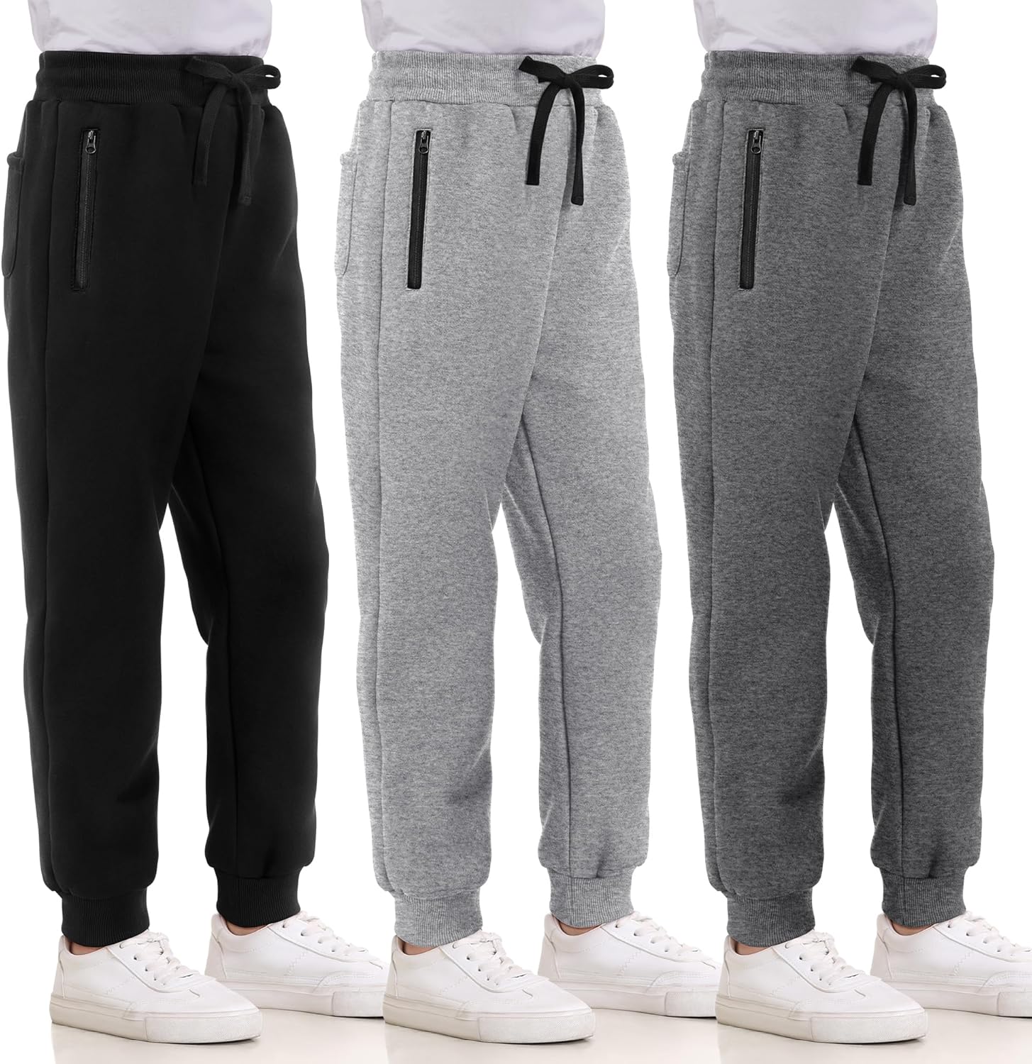 3 Pack Boys Sweatpants Fleece Cotton Athletic Pants Boys Joggers with Zipper Pockets Kids Youth Workout Sweat Pants Size 5-16
