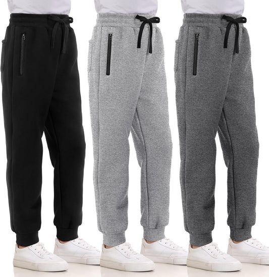 3 Pack Boys Sweatpants Fleece Cotton Athletic Pants Boys Joggers with Zipper Pockets Kids Youth Workout Sweat Pants Size 5-16