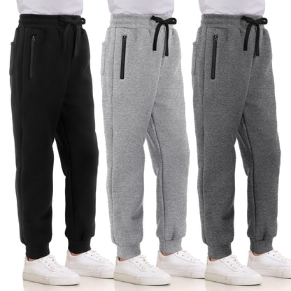 3 Pack Boys Sweatpants Fleece Cotton Athletic Pants Boys Joggers with Zipper Pockets Kids Youth Workout Sweat Pants Size 5-16